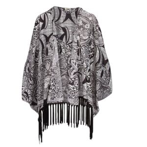 Young Threads Cardigan Open Front Fringe Hem Black White Paisley Size Medium